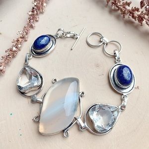 Lapis Lazuli Quartz Agate Stone Sterling Bracelet